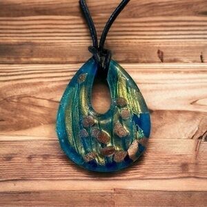 Glass Pendant Necklace - Leather Rope - Turquoise and Gold